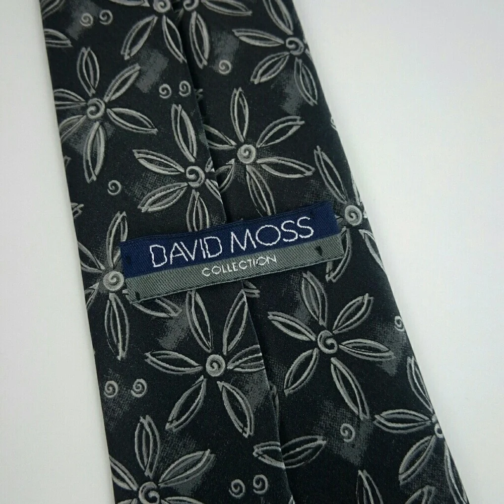 David Moss Black Gray Floral Silk Tie